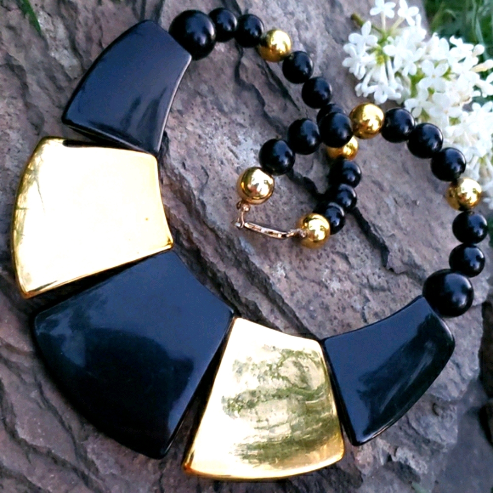 Vtg Black Gold Egyptian Revival Collar Necklace